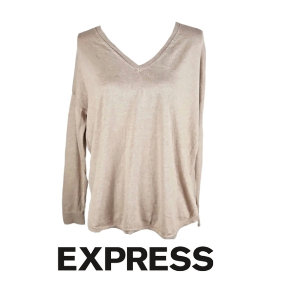 Express Sweaters - Express Rlaxed Fit V-Neck Longsleeve Sweater, Beige, Size M